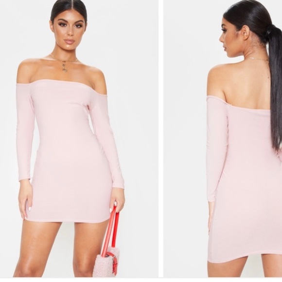 PrettyLittleThing | NEW Blush Bardot Bodycon Mini Dress - Picture 1 of 6